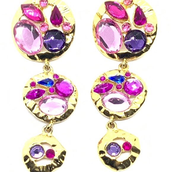 Vintage 90’s PARK LANE 3.5” Long Drop Dangle Earrings Pink Blue Rhinestones Gold - Picture 6 of 6